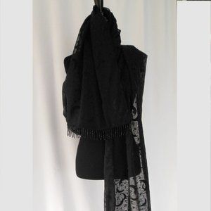 Sheer Black Beaded Fringe Scarf/Wrap